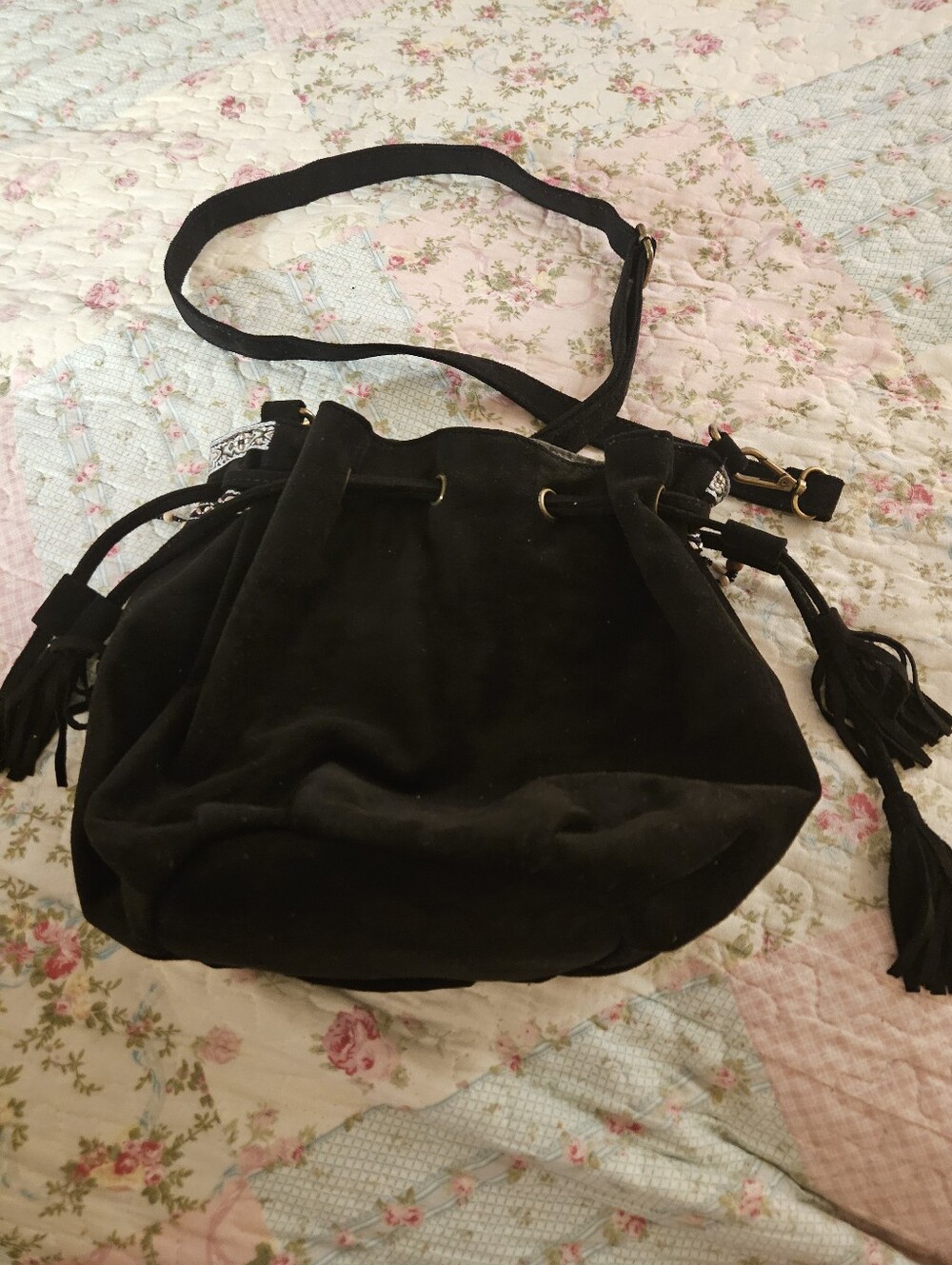 Crazy Lou  Black Suede Like Embroidered Crossbody Bag with Red and Gold Accents - Picture 4 of 6